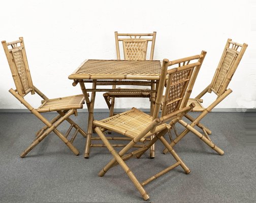 Mid-Century Italian Bamboo and Rattan Foldable Table and Four Chairs, 1960s, Set of 5-JDR-1126160