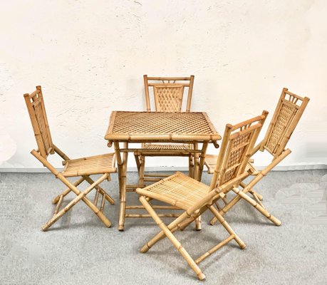 Mid-Century Italian Bamboo and Rattan Foldable Table and Four Chairs, 1960s, Set of 5-JDR-1126160