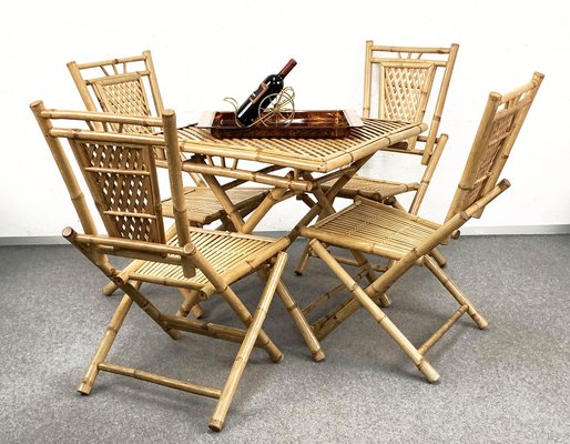 Mid-Century Italian Bamboo and Rattan Foldable Table and Four Chairs, 1960s, Set of 5-JDR-1126160