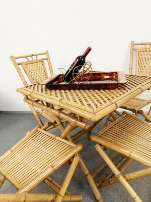 Mid-Century Italian Bamboo and Rattan Foldable Table and Four Chairs, 1960s, Set of 5-JDR-1126160