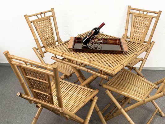 Mid-Century Italian Bamboo and Rattan Foldable Table and Four Chairs, 1960s, Set of 5-JDR-1126160