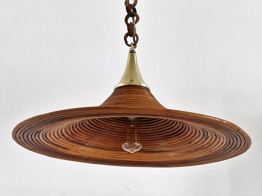 Mid-Century Italian Bamboo Rattan and Brass Pendant Lamp, 1970s-VNE-1189072