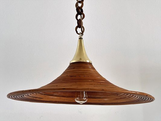 Mid-Century Italian Bamboo Rattan and Brass Pendant Lamp, 1970s-VNE-1189072