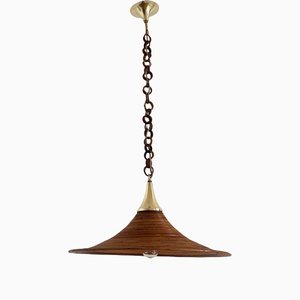 Mid-Century Italian Bamboo Rattan and Brass Pendant Lamp, 1970s-VNE-1189072