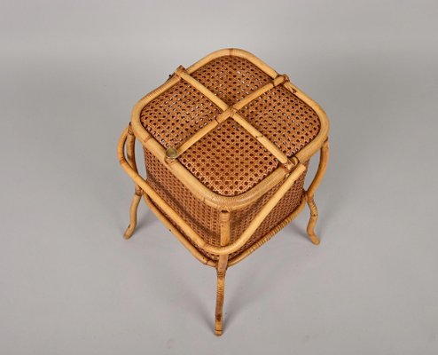 Mid-Century Italian Bamboo, Wicker and Vienna Straw Cubic Magazine Basket, 1960s-JDR-1257979