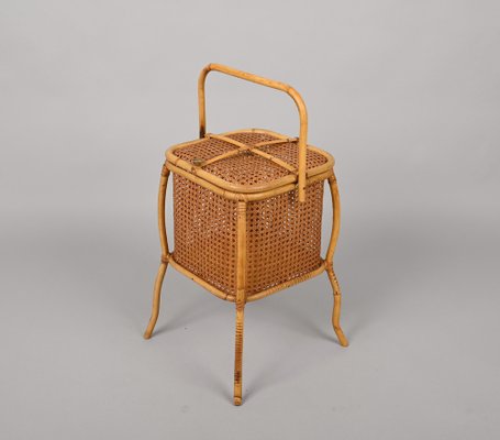 Mid-Century Italian Bamboo, Wicker and Vienna Straw Cubic Magazine Basket, 1960s-JDR-1257979