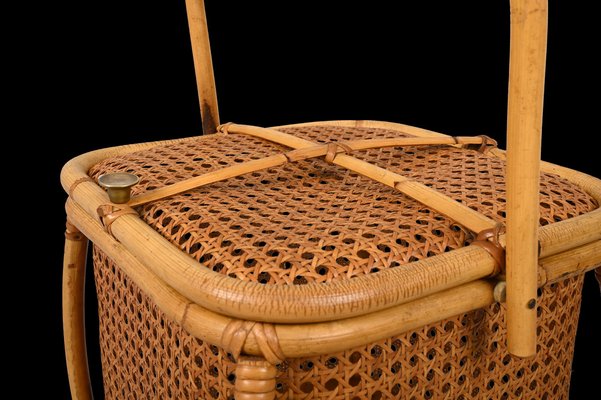 Mid-Century Italian Bamboo, Wicker and Vienna Straw Cubic Magazine Basket, 1960s-JDR-1257979