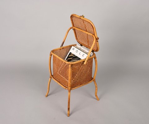 Mid-Century Italian Bamboo, Wicker and Vienna Straw Cubic Magazine Basket, 1960s-JDR-1257979