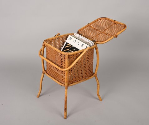 Mid-Century Italian Bamboo, Wicker and Vienna Straw Cubic Magazine Basket, 1960s-JDR-1257979