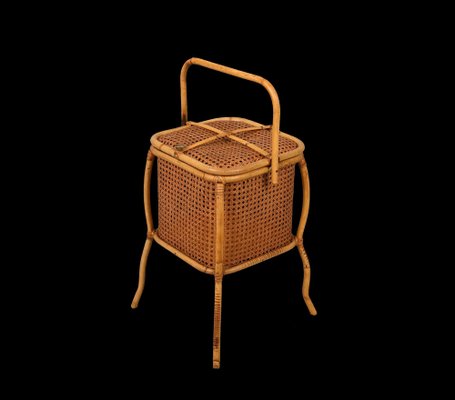 Mid-Century Italian Bamboo, Wicker and Vienna Straw Cubic Magazine Basket, 1960s-JDR-1257979