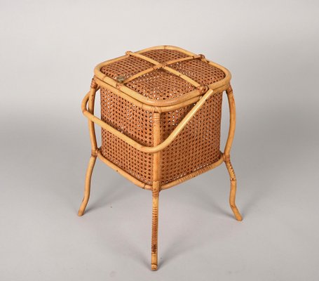 Mid-Century Italian Bamboo, Wicker and Vienna Straw Cubic Magazine Basket, 1960s-JDR-1257979