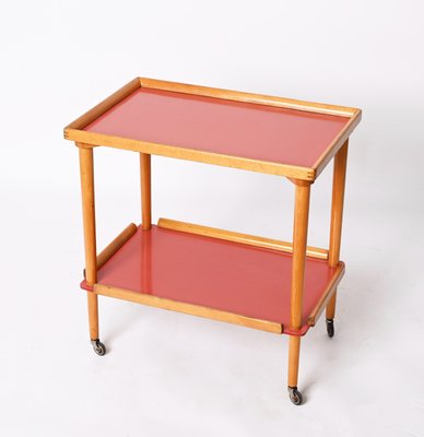 Mid-Century Italian Beech and Red Formica Two Tier Bar Cart, 1960s-JDR-1405875