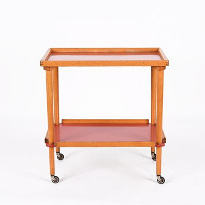 Mid-Century Italian Beech and Red Formica Two Tier Bar Cart, 1960s-JDR-1405875