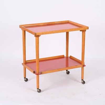 Mid-Century Italian Beech and Red Formica Two Tier Bar Cart, 1960s-JDR-1405875