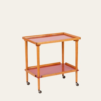 Mid-Century Italian Beech and Red Formica Two Tier Bar Cart, 1960s-JDR-1405875