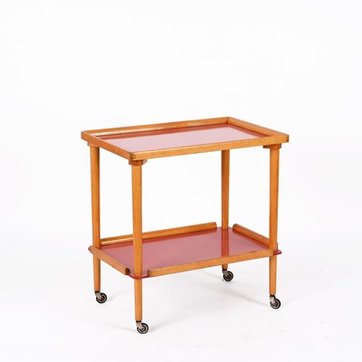 Mid-Century Italian Beech and Red Formica Two Tier Bar Cart, 1960s-JDR-1405875