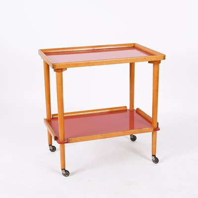 Mid-Century Italian Beech and Red Formica Two Tier Bar Cart, 1960s-JDR-1405875