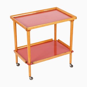 Mid-Century Italian Beech and Red Formica Two Tier Bar Cart, 1960s-JDR-1405875