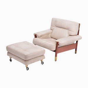 Mid-Century Italian Beige Leather and Rosewood Model Sella Lounge Chair and Ottoman Set by Carlo de Carli for Luigi Sormani, 1960s, Set of 2-FN-689384