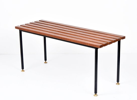 Mid-Century Italian Black Enameled Metal & Teak Bench with Brass Feet, 1960s-JDR-1125395