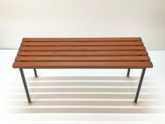 Mid-Century Italian Black Enameled Metal & Teak Bench with Brass Feet, 1960s-JDR-1125395