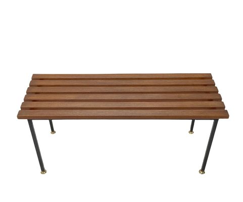 Mid-Century Italian Black Enameled Metal & Teak Bench with Brass Feet, 1960s-JDR-1125395