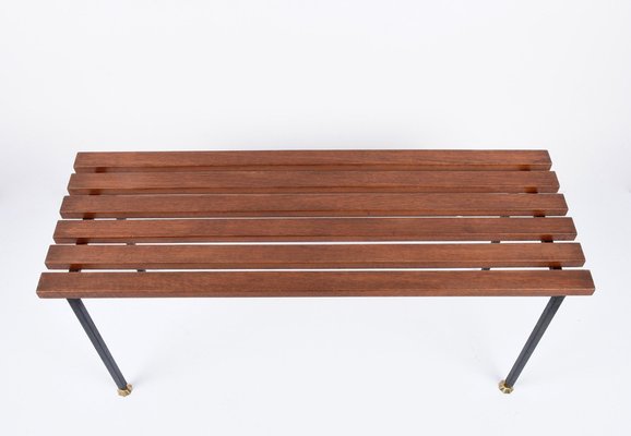 Mid-Century Italian Black Enameled Metal & Teak Bench with Brass Feet, 1960s-JDR-1125395