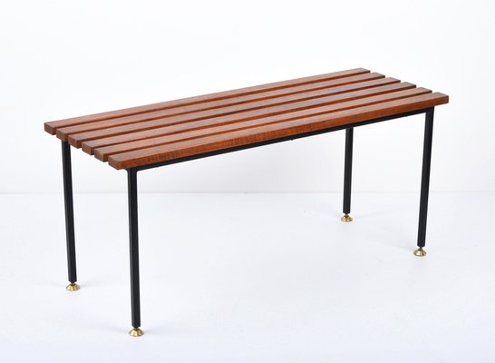 Mid-Century Italian Black Enameled Metal & Teak Bench with Brass Feet, 1960s-JDR-1125395