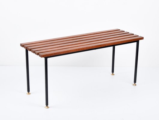 Mid-Century Italian Black Enameled Metal & Teak Bench with Brass Feet, 1960s-JDR-1125395