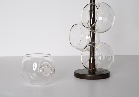 Mid-Century Italian Blown Drinking Glasses and Walnut Wood Holder, 1970s, Set of 5-JDR-1372750