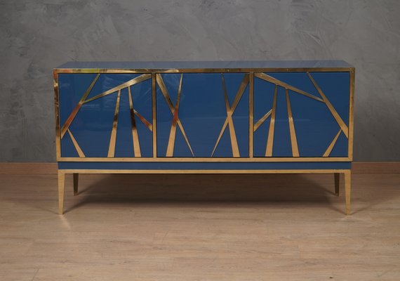 Mid-Century Italian Blue Glass and Brass Sideboard, 2000-UH-1801282