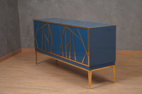 Mid-Century Italian Blue Glass and Brass Sideboard, 2000-UH-1801282