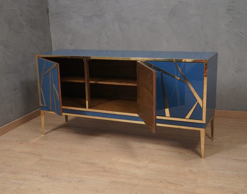 Mid-Century Italian Blue Glass and Brass Sideboard, 2000-UH-1801282