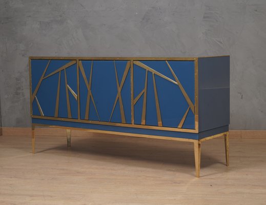 Mid-Century Italian Blue Glass and Brass Sideboard, 2000-UH-1801282