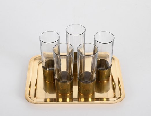 Mid-Century Italian Brass and Glass Glasses and Tray by Delvè for Delfi, 1970s, Set of 4-JDR-1446872