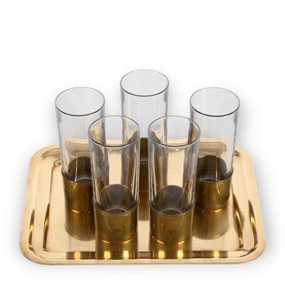 Mid-Century Italian Brass and Glass Glasses and Tray by Delvè for Delfi, 1970s, Set of 4-JDR-1446872