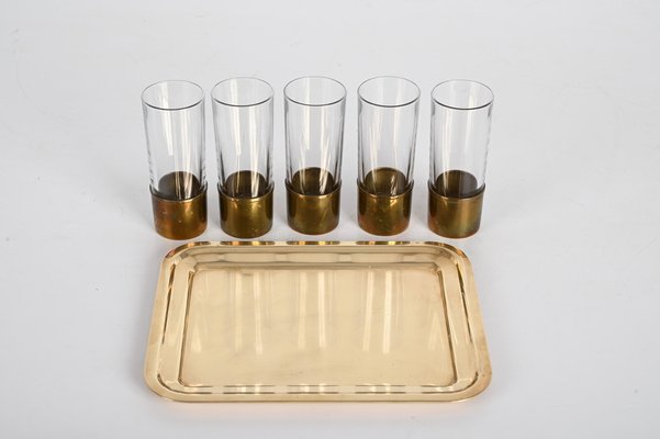 Mid-Century Italian Brass and Glass Glasses and Tray by Delvè for Delfi, 1970s, Set of 4-JDR-1446872