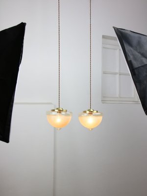 Mid-Century Italian Brass and Glass Pendant Lamps, Set of 2-HGJ-1783530