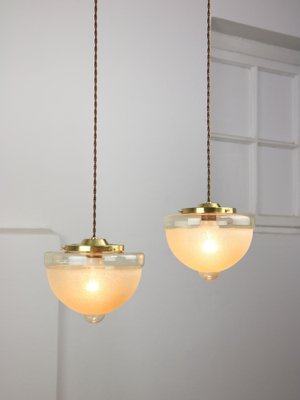 Mid-Century Italian Brass and Glass Pendant Lamps, Set of 2-HGJ-1783530