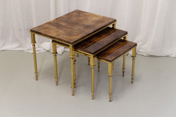 Mid-Century Italian Brass and Goatskin Side Tables by Aldo Tura, 1960s, Set of 3-WIX-2022527