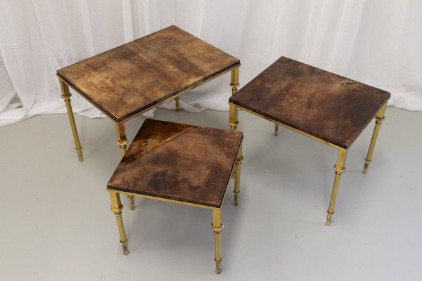 Mid-Century Italian Brass and Goatskin Side Tables by Aldo Tura, 1960s, Set of 3-WIX-2022527