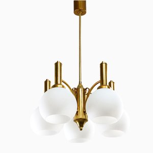 Mid-Century Italian Brass and Opaline Chandelier-HGJ-1778121