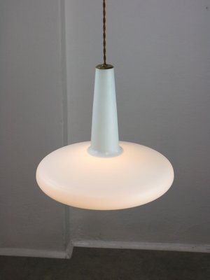 Mid-Century Italian Brass and Opaline Hat Pendant Lamp-HGJ-1757155