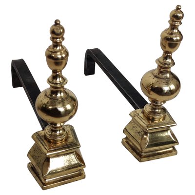 Mid-Century Italian Brass and Wrought Iron Andirons, Set of 2-EUP-1071618