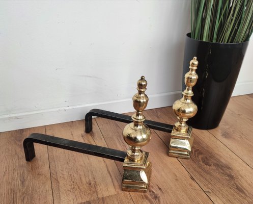 Mid-Century Italian Brass and Wrought Iron Andirons, Set of 2-EUP-1071618