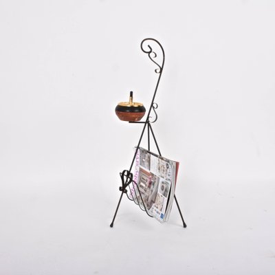 Mid-Century Italian Brass and Wrought Iron Magazine Rack with Ashtray, 1950s-JDR-1126136