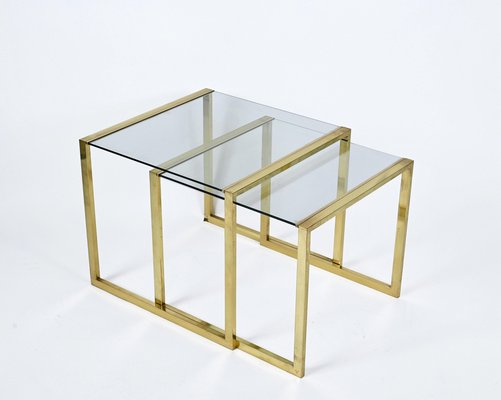 Mid-Century Italian Brass & Crystal Glass Nesting Tables, 1970s, Set of 2-JDR-1224086