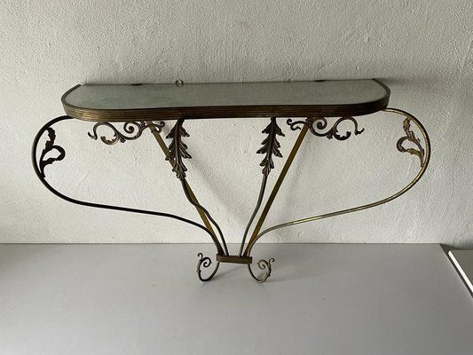 Mid-Century Italian Brass Floral Frame Floating Wall Console Table, 1950s-RDS-1147829