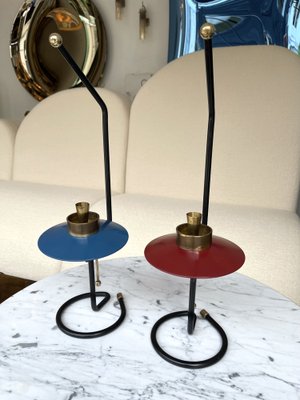 Mid-Century Italian Candleholders in Lacquered Metal and Brass, 1950s, Set of 2-FUE-958873