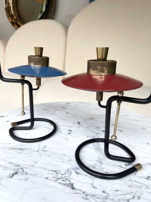 Mid-Century Italian Candleholders in Lacquered Metal and Brass, 1950s, Set of 2-FUE-958873